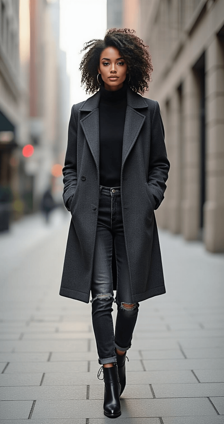 How to Style Oversized Blazers for Spring A mixed-race model showcases a layered monochromatic outfit in an urban setting, featuring a charcoal grey wool coat over a black turtleneck, distressed dark wash denim, and black ankle boots with metallic accents, photographed in soft morning light against a crisp architectural backdrop.