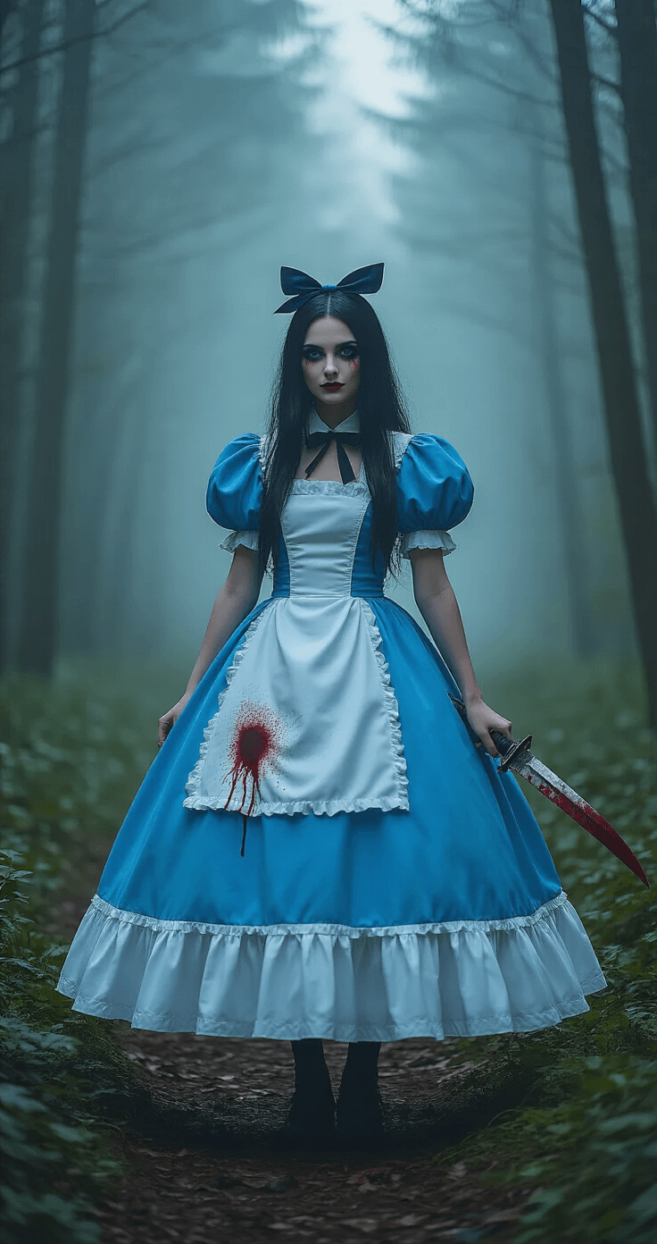 A cosplayer dressed as Alice from Madness Returns stands at the edge of a misty forest during twilight, showcasing her detailed blue dress with puffed sleeves and layered white petticoat. She holds a Vorpal Knife, with blood spatter on her apron, surrounded by soft, ethereal lighting that enhances the gothic atmosphere.