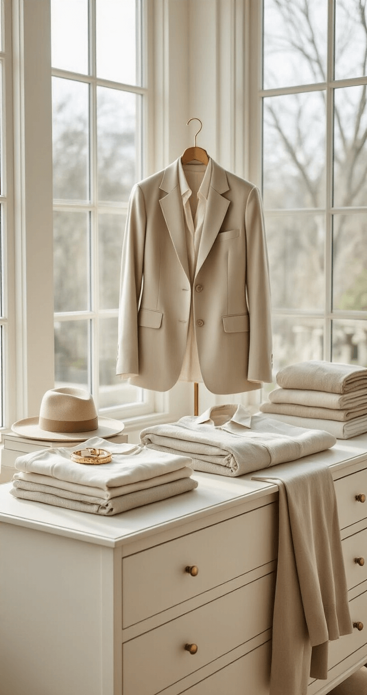 How to Style Oversized Blazers for Spring A minimalist white oak dresser displays a curated capsule wardrobe, featuring precision-folded designer basics like a silk blouse, tailored blazer, and relaxed linen trousers in a neutral color palette of beige, cream, and soft taupe, complemented by simple gold accessories under soft natural daylight from large studio windows.