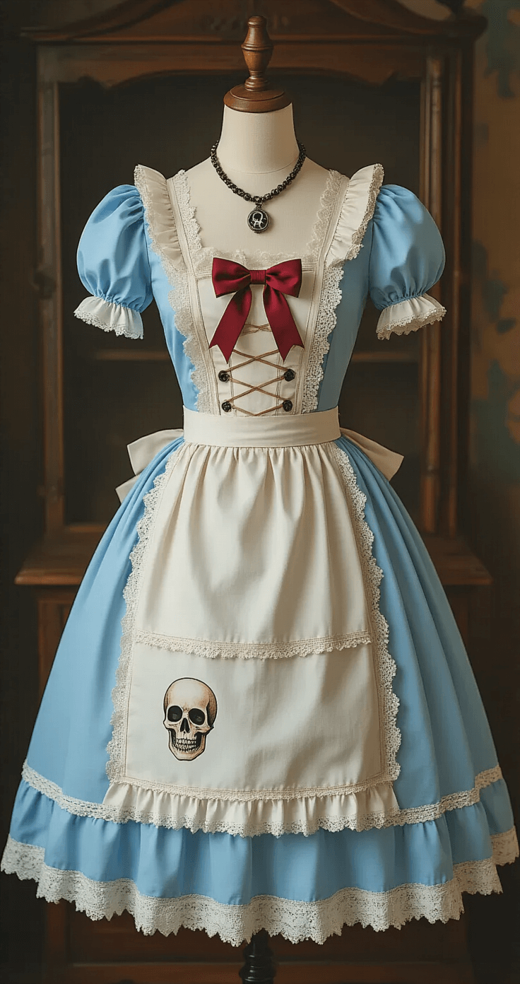 A vintage wooden dress form displays the complete Alice Madness Returns costume, including a blue satin dress, white lace-trimmed petticoat, weathered apron with hand-painted details, skull bow, and Omega necklace. Soft studio lighting highlights the fabric textures in a muted color palette of blues, whites, and subtle red accents, reflecting the game's dark aesthetic.