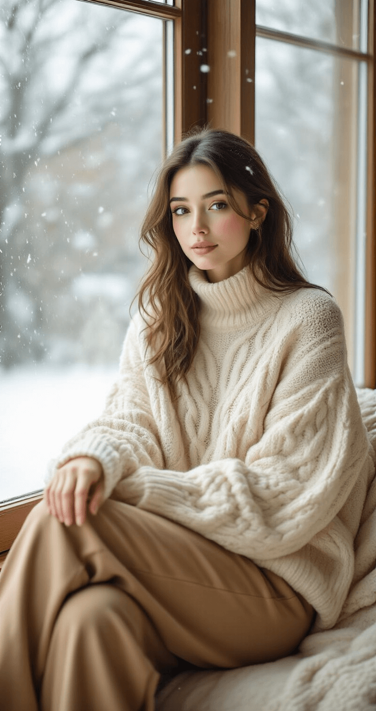 How to Style Oversized Blazers for Spring A young professional woman in an oversized cream cable-knit sweater and high-waisted camel wool trousers sits by a large window, surrounded by soft snowfall. The warm golden lighting enhances the cozy atmosphere, reflecting a relaxed productivity and self-care aesthetic.
