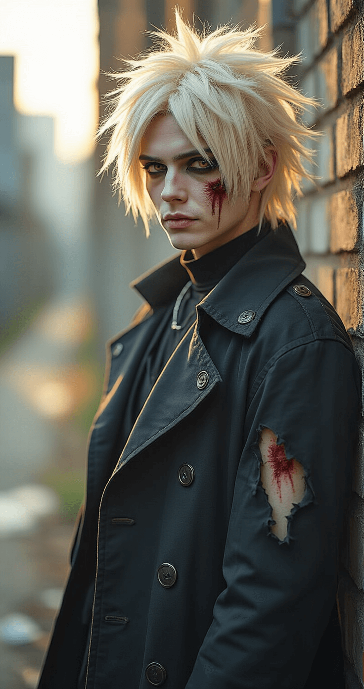 How to Nail Your Dabi Cosplay Without Losing Your Mind A hyper-realistic cosplay photoshoot of a Dabi cosplayer against an urban industrial backdrop, showcasing dramatic golden hour lighting, intricate scar makeup, and a distressed black coat, with a tousled platinum white-blonde wig and detailed facial prosthetics, captured in sharp detail and shallow depth of field.