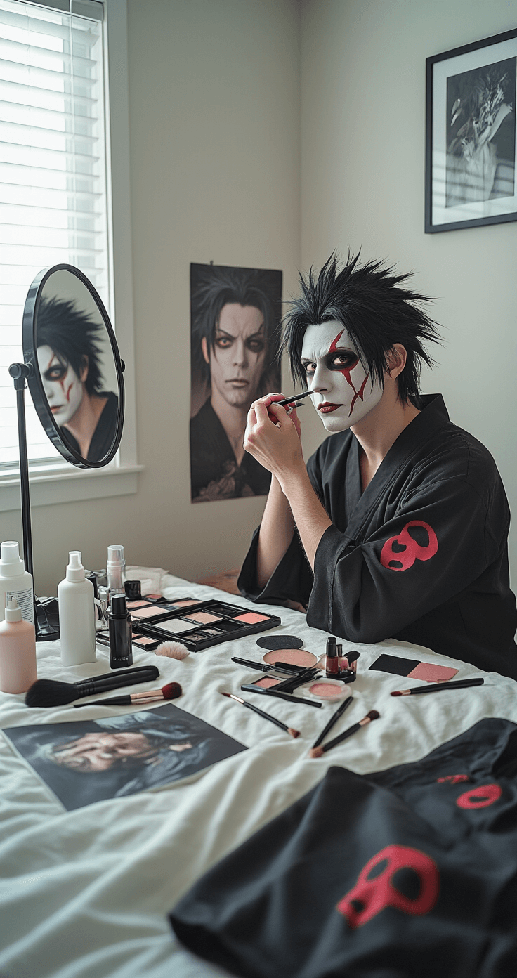 How to Nail Your Dabi Cosplay Without Losing Your Mind Cosplayer in a minimalist bedroom applying intricate facial scar makeup for a Dabi costume, surrounded by makeup supplies, liquid latex, reference images, and professional brushes, illuminated by soft natural window light with a mirrored reflection showing detailed techniques.