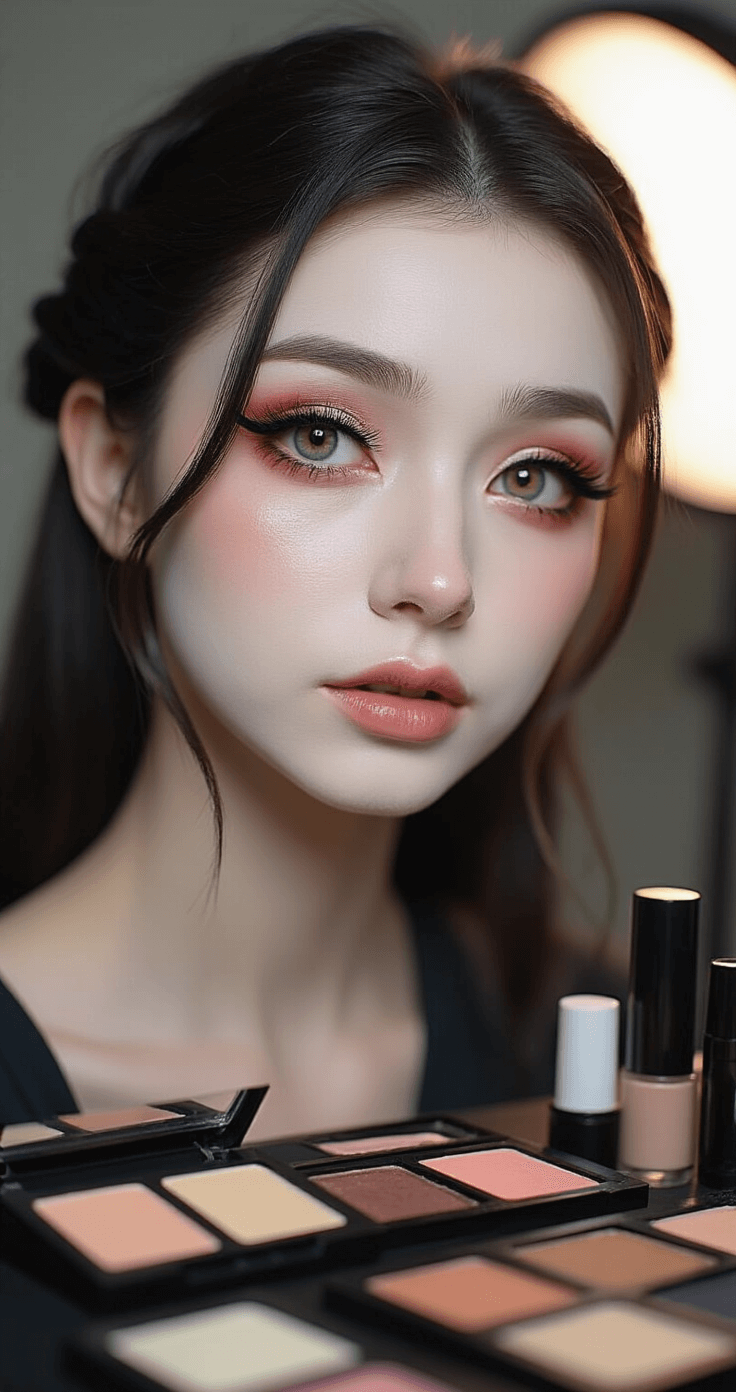 A close-up view of a beauty makeup station with various cosmetics in a professional studio, showcasing a Toga Himiko cosplay transformation. The model's face is half transformed, featuring pale foundation, dramatic eye makeup, and false eyelashes, under soft diffused lighting.