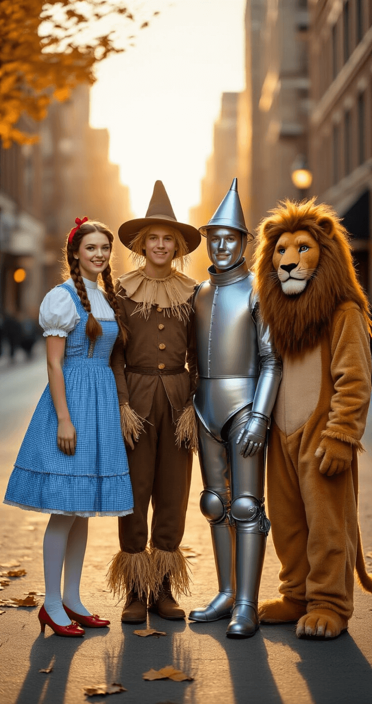 4 People Halloween Costume Ideas That'll Make Your Squad Look Amazing Four friends dressed as Wizard of Oz characters stand on a city street corner at golden hour: Dorothy in a blue gingham dress and ruby slippers, Scarecrow in straw-stuffed flannel, Tin Man in a metallic outfit with a funnel hat, and Lion in a furry mane costume, all illuminated by soft warm sunlight with autumn leaves in the urban background.