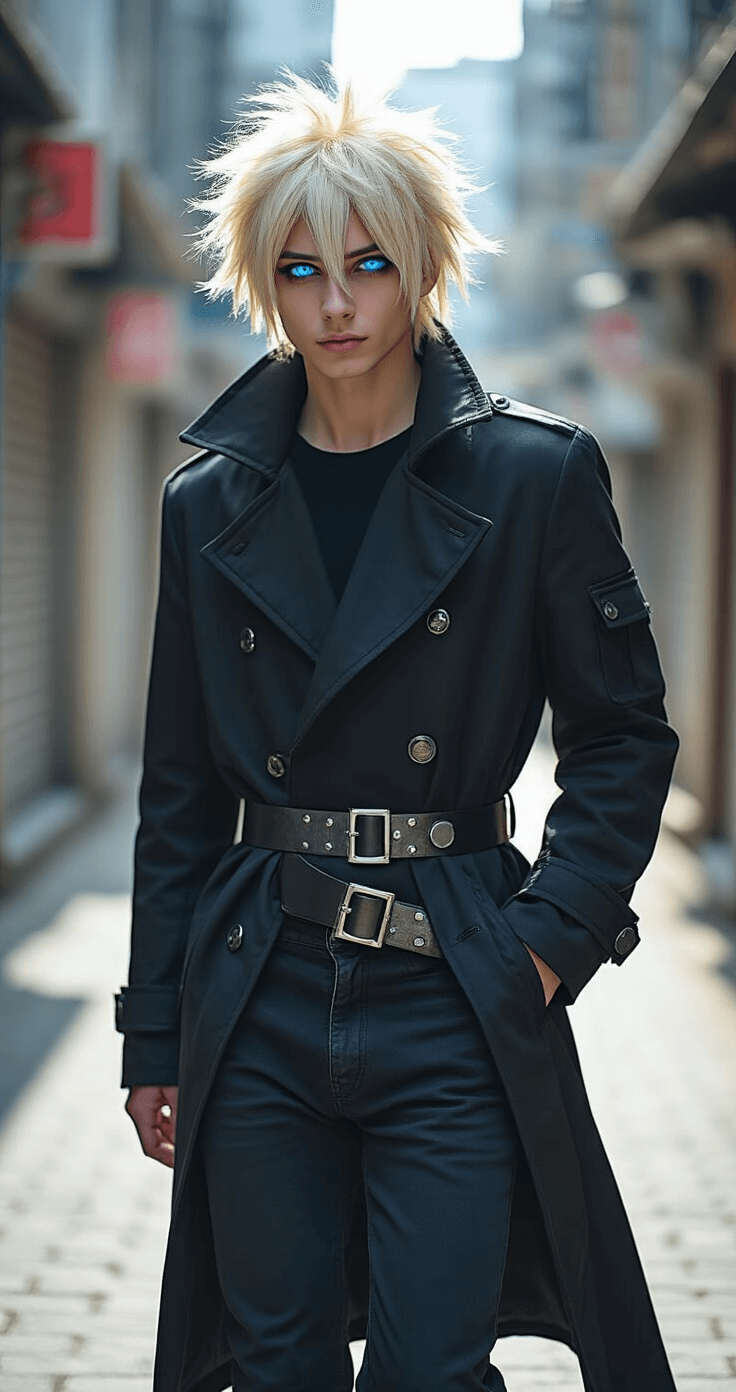 How to Nail Your Dabi Cosplay Without Losing Your Mind Dabi cosplayer confidently walks through an urban alleyway, showcasing a distressed black coat with silver hardware, platinum blonde wig styled messily, and blue contact lenses, all illuminated by dramatic late afternoon sunlight.