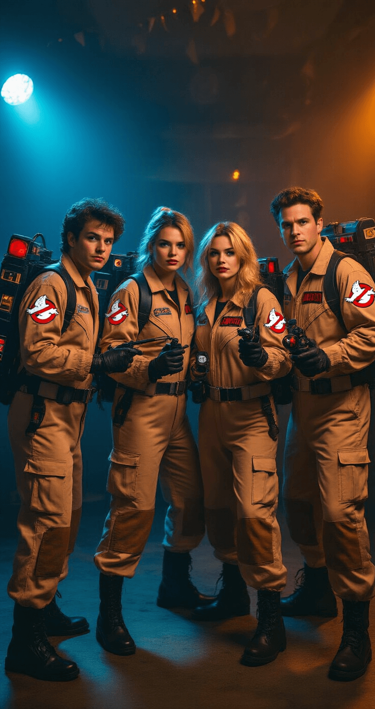 4 People Halloween Costume Ideas That'll Make Your Squad Look Amazing A cinematic Halloween party scene showcasing four friends in coordinated tan Ghostbusters uniforms with custom patches, proton packs, ghost traps, and walkie-talkies, striking playful poses under dramatic amber and blue lighting in a dimly lit, vintage 1980s party atmosphere.