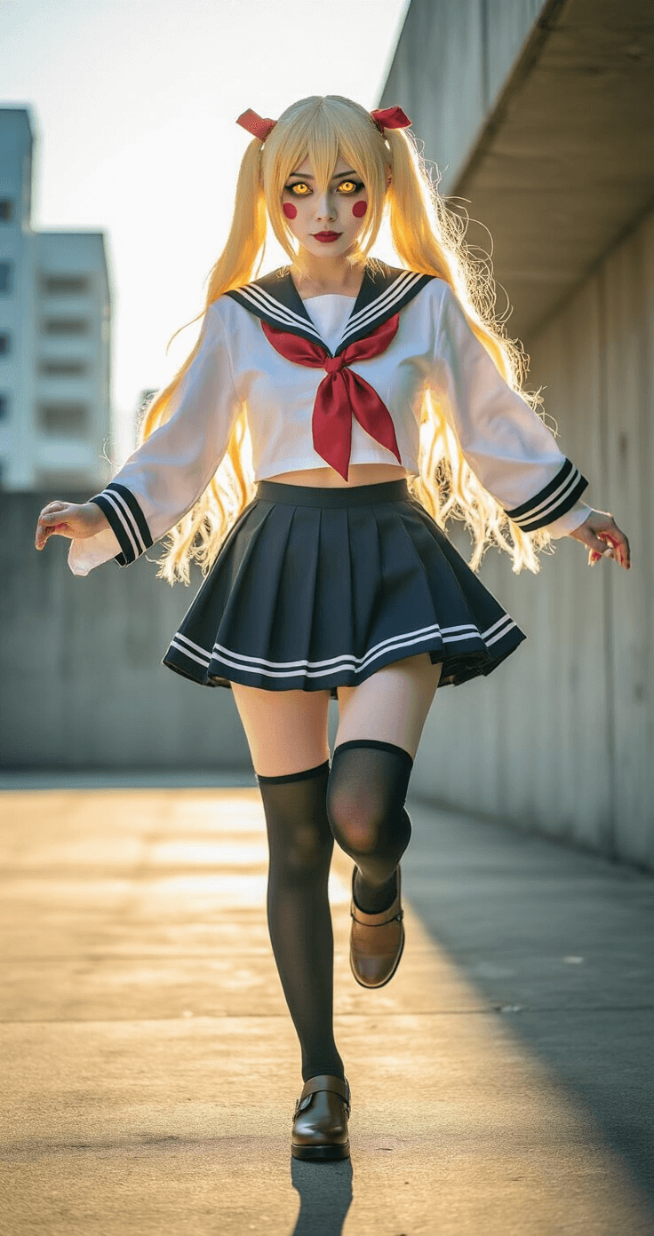 A Toga Himiko cosplayer in an iconic schoolgirl outfit strikes an energetic pose in mid-movement against a gritty urban backdrop. The golden afternoon sunlight casts dramatic shadows, enhancing the detailed costume textures and her vibrant yellow contact lenses and rosy cheek makeup, embodying the character's yandere aesthetic.