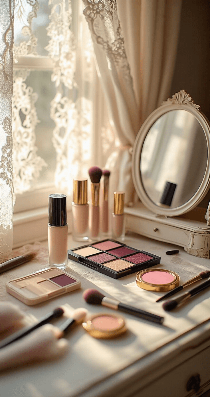 An intimate bedroom scene featuring a vintage vanity adorned with cosplay makeup tools. Soft morning light filters through lace curtains, illuminating carefully arranged products like pale foundation, burgundy eyeshadows, pink blush, and a golden contact lens case. A half-finished makeup look highlights the intricate transformation process.