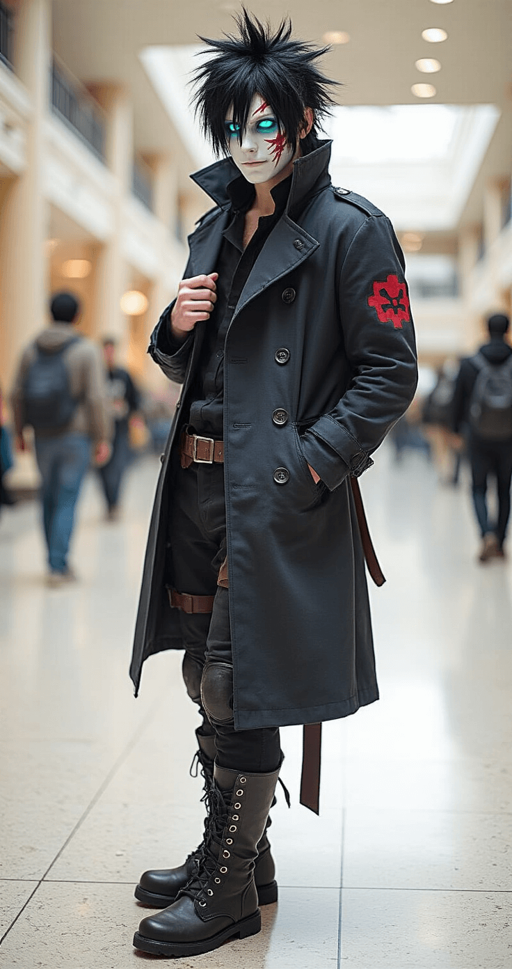 How to Nail Your Dabi Cosplay Without Losing Your Mind Cosplayer in a full-body Dabi costume stands in a convention hallway, showcasing meticulous scar makeup and turquoise contact lenses. Their slightly tattered coat displays authentic wear patterns, paired with scuffed combat boots. Soft ambient lighting highlights the detailed textures and nuances as they adjust their costume.
