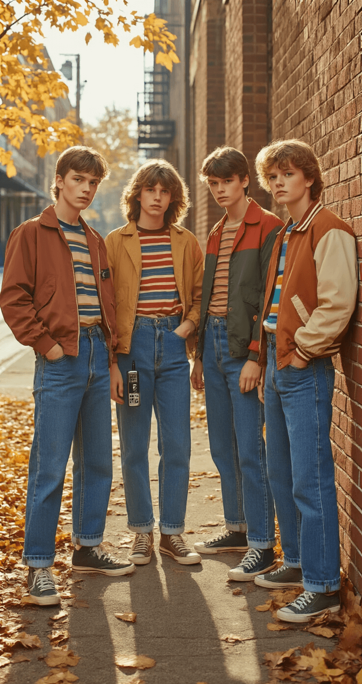 4 People Halloween Costume Ideas That'll Make Your Squad Look Amazing Four friends dressed as Mike, Dustin, Lucas, and Will from Stranger Things season one, wearing authentic 1980s clothing including high-waisted jeans and vintage windbreakers, posing in an outdoor urban setting with brick walls and autumn leaves, bathed in golden afternoon sunlight, capturing a nostalgic vintage mood.