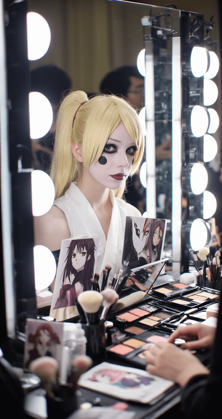 A vibrant backstage scene at an anime convention featuring a detailed makeup station with professional lighting. A cosplayer applies Toga Himiko's dark under-eye circles and pale foundation, surrounded by reference images and an array of organized makeup brushes, all illuminated by soft ambient lighting.