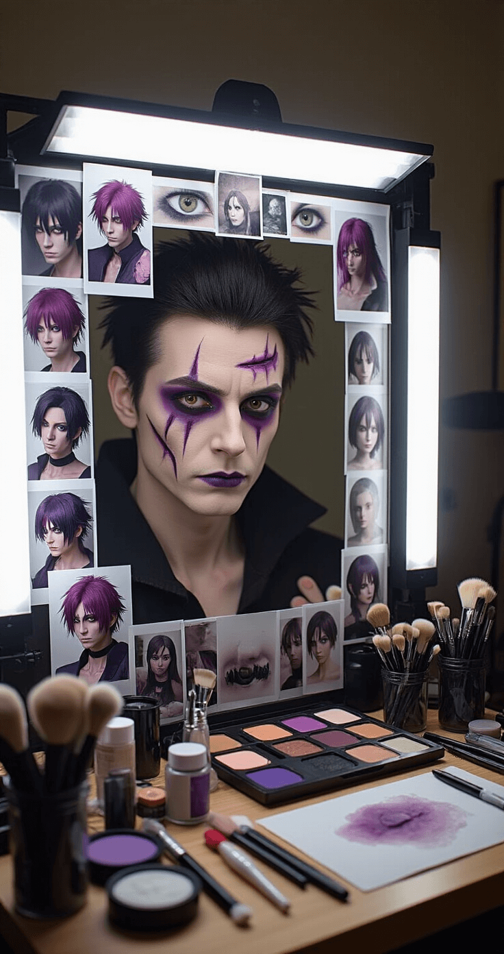 How to Nail Your Dabi Cosplay Without Losing Your Mind A detailed cosplay makeup station featuring professional lighting, with multiple reference images of Dabi around a mirror. The setup includes liquid latex, purple eyeshadow, black eyeliner, and pale foundation, showcasing half-completed scar makeup and the precise arrangement of professional makeup brushes and tools, all illuminated by soft studio lighting that highlights the textures of the makeup.