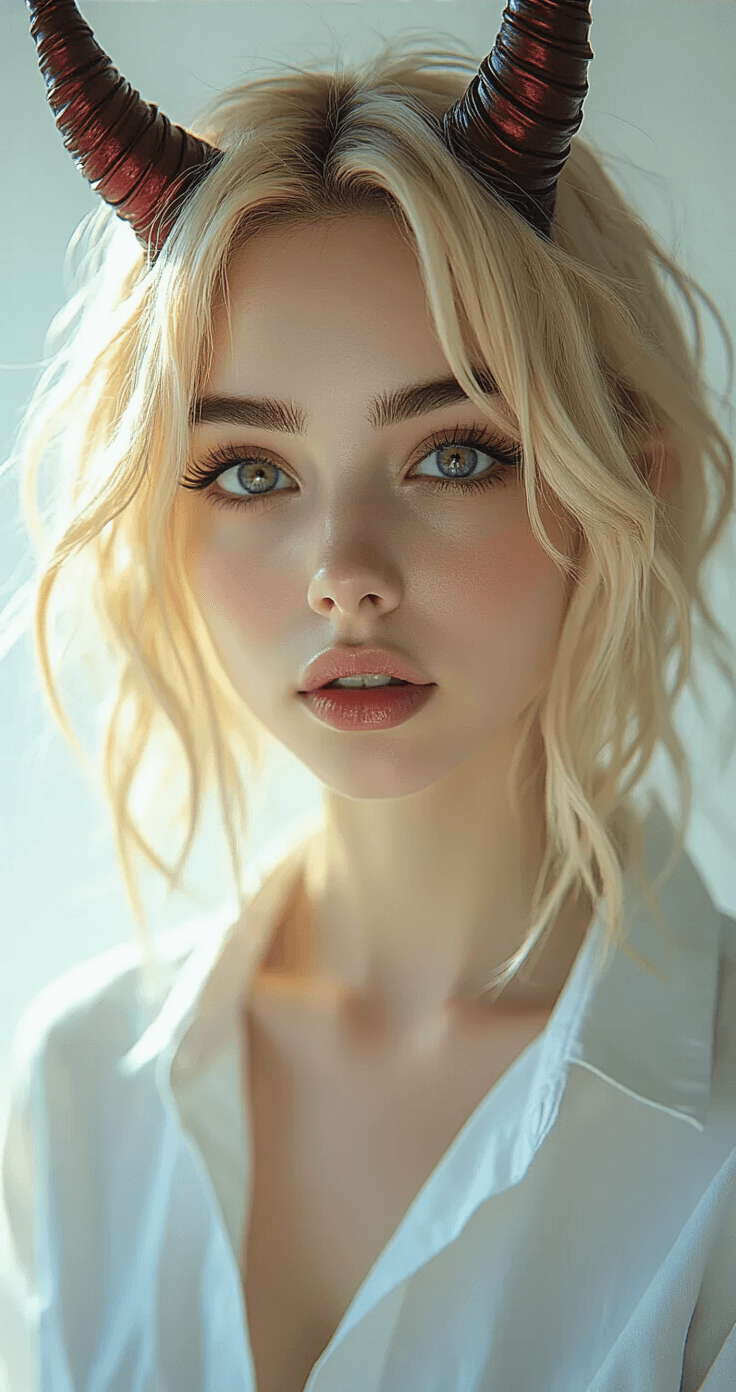 Ultra-detailed close-up of a female model cosplaying Power from Chainsaw Man, featuring a slightly messy blonde wig with devil horns and dramatic anime-inspired makeup, including heavy bottom lashes and white waterline eyeliner, set in a minimalist white studio with golden hour sunlight.