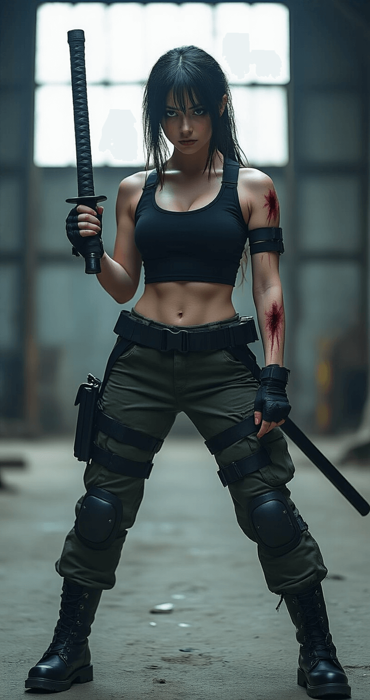 The Ultimate Maki Zenin Cosplay: Bringing Jujutsu Kaisen's Badass Warrior to Life Cinematic cosplay of Maki Zenin in a gritty warehouse, showcasing her post-Shibuya combat outfit with tactical utility straps, fitted black athletic top, cargo pants, and combat boots. The model holds a naginata in a dynamic stance, featuring subtle scarring makeup, emphasizing her athletic build and fierce expression.