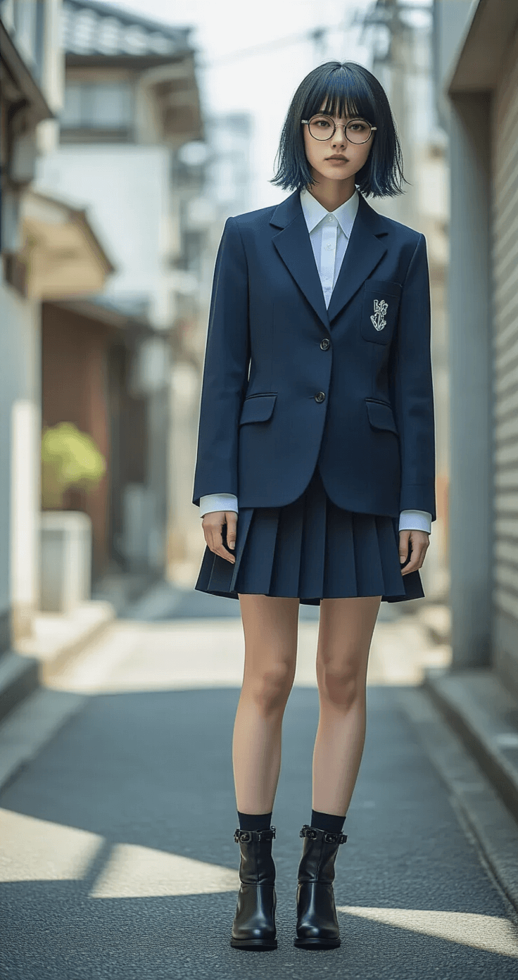 The Ultimate Maki Zenin Cosplay: Bringing Jujutsu Kaisen's Badass Warrior to Life A model in a structured navy blazer, white button-up, and knee-length pleated skirt poses confidently in an urban setting, showcasing Maki Zenin's Tokyo Jujutsu High uniform. Round glasses and a short dark green-black textured wig complement her minimal makeup, with crisp midday sunlight casting sharp shadows on the architectural background.