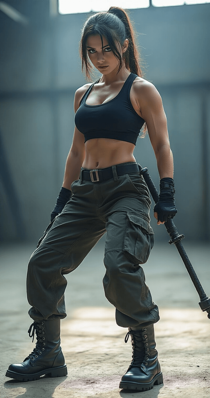 The Ultimate Maki Zenin Cosplay: Bringing Jujutsu Kaisen's Badass Warrior to Life Action-oriented cosplay of Maki Zenin in a black athletic outfit and cargo pants, posing dynamically with a cursed tool in an industrial gym, highlighted by dramatic side lighting that accentuates her muscular silhouette and warrior spirit.