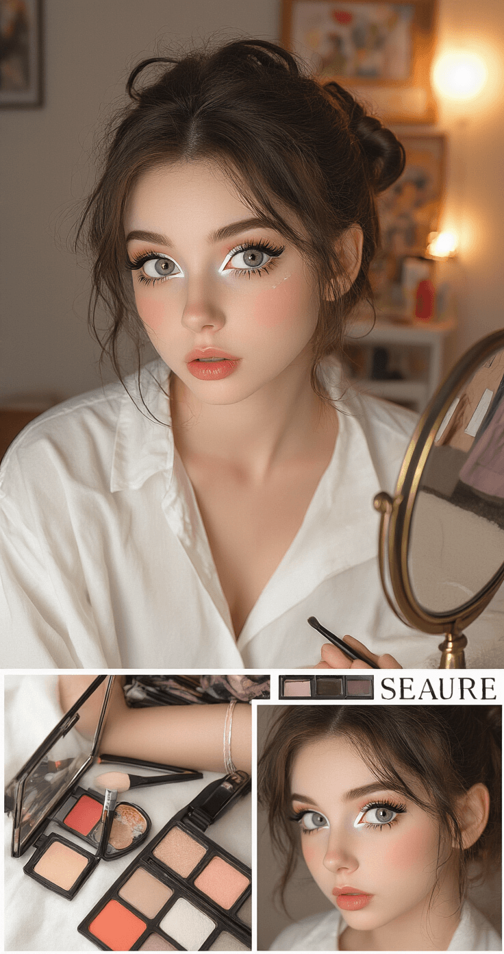 A cozy bedroom setting with a model in a white oversized shirt applying makeup for a Power character cosplay at a vintage vanity mirror. The scene includes anime reference images, makeup products, and cosplay accessories, with a focus on precise eyebrow filling and cool-toned contouring, all illuminated by warm ambient lighting.