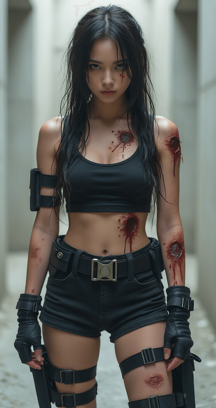 The Ultimate Maki Zenin Cosplay: Bringing Jujutsu Kaisen's Badass Warrior to Life Artistic portrait of Maki Zenin in battle-damaged combat attire with scar makeup, set in a minimalist concrete studio; fierce expression and dramatic lighting emphasize her resilience and emotional intensity.