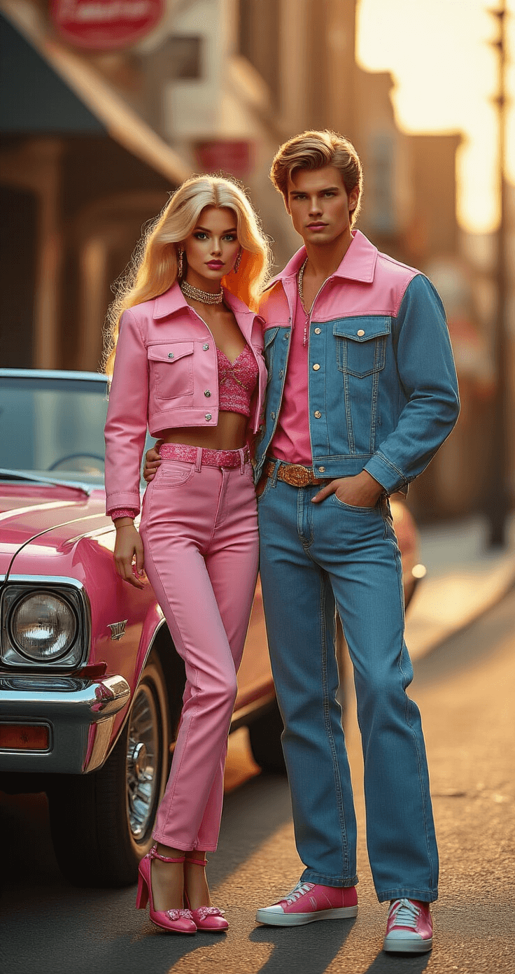 Couples Halloween Costumes That'll Make Everyone Stop and Stare A young couple in coordinated Barbie and Ken Halloween costumes poses confidently near a vintage convertible at golden hour, with warm highlights on their retro 80s pink and denim outfits, showcasing textured fabrics and high-fashion details against a softly focused urban street backdrop.