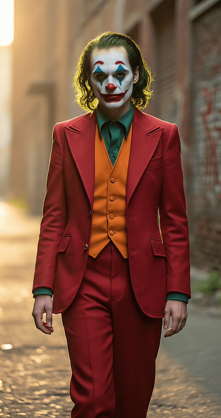 A female cosplayer in a vibrant red suit resembling Joaquin Phoenix's Arthur Fleck Joker stands against a gritty industrial backdrop, illuminated by golden hour sunlight, showcasing dramatic shadows. She has precise white makeup, smudged around the eyes, and deep red lips, captured mid-movement with a melancholic expression. The tailored costume features a red wool blend suit jacket, burnt orange vest, and green shirt, highlighting intricate fabric textures in a cinematic color grading of deep reds and muted urban tones.