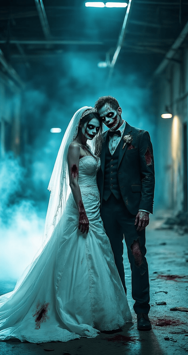 Couples Halloween Costumes That'll Make Everyone Stop and Stare A couple dressed in zombie bride and groom costumes stands in a dimly lit industrial venue, with dramatic moody lighting casting deep shadows. The bride wears a torn white wedding dress, and the groom in a shredded black tuxedo, both enhanced with realistic zombie makeup and blood splatters. The wide-angle shot captures the intricate textures of their costumes and theatrical staging, showcasing the vivid blue-green ambient tones.