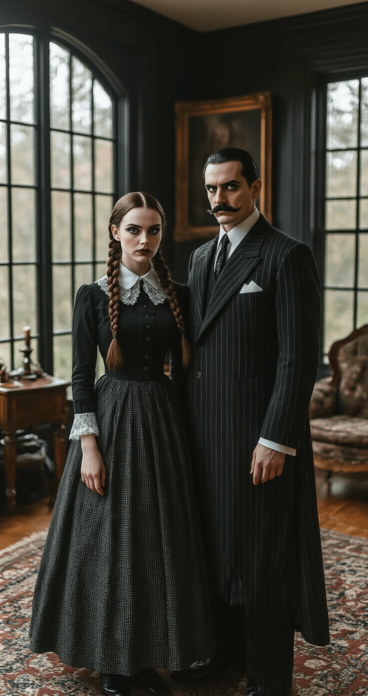 Couples Halloween Costumes That'll Make Everyone Stop and Stare A vintage-inspired mid-century modern living room featuring a couple in Wednesday and Gomez Addams costumes, with Wednesday in deep black clothing and braids, and Gomez in a pinstripe suit, framed by soft natural light from large windows. The scene is styled with period-accurate furniture and props, emphasizing a moody gothic aesthetic in high-resolution detail.