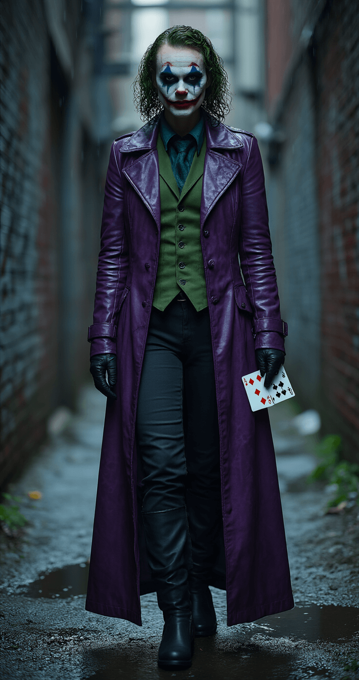A female cosplayer embodies Heath Ledger's Joker in a dimly lit urban alley, wearing a purple leather trench coat and smudged theatrical makeup. The low-angle shot highlights dramatic shadows and textures on the rain-slicked concrete, emphasizing deep purples and midnight blues.