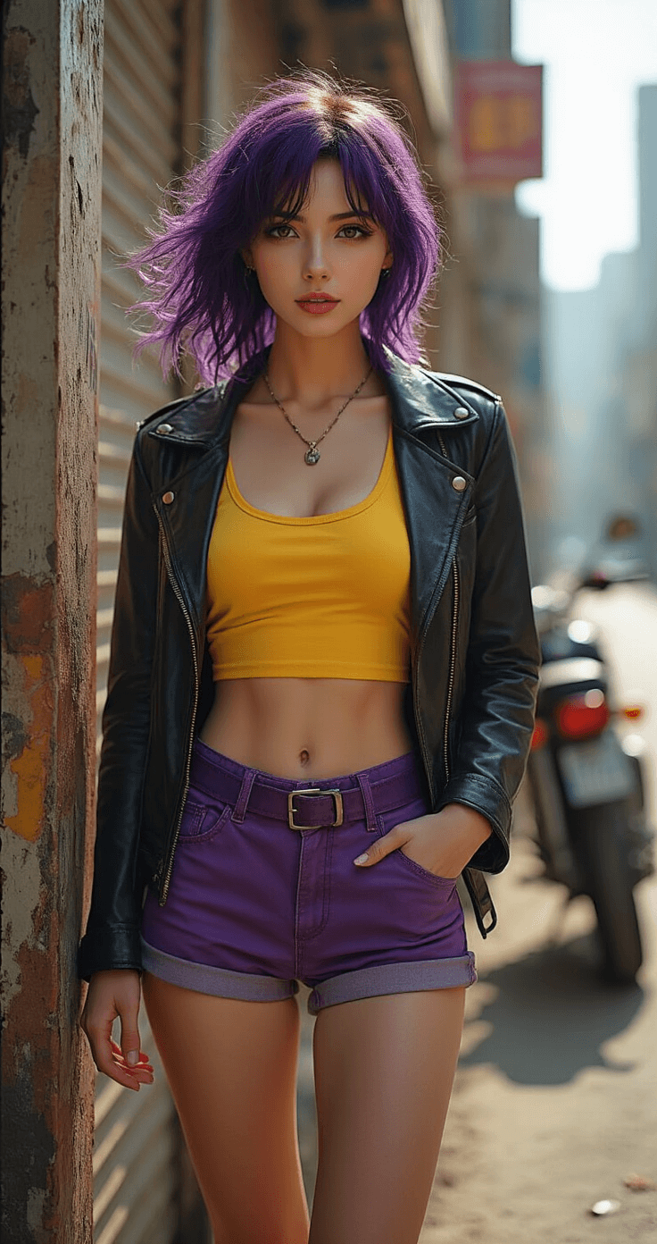A confident Faye Valentine cosplayer stands in a gritty industrial street corner, wearing a yellow crop top and purple shorts, with windblown purple hair and a casually draped leather jacket. A vintage motorcycle is visible in the background, illuminated by warm midday sunlight, showcasing her realistic makeup and accessories that embody the Cowboy Bebop aesthetic.