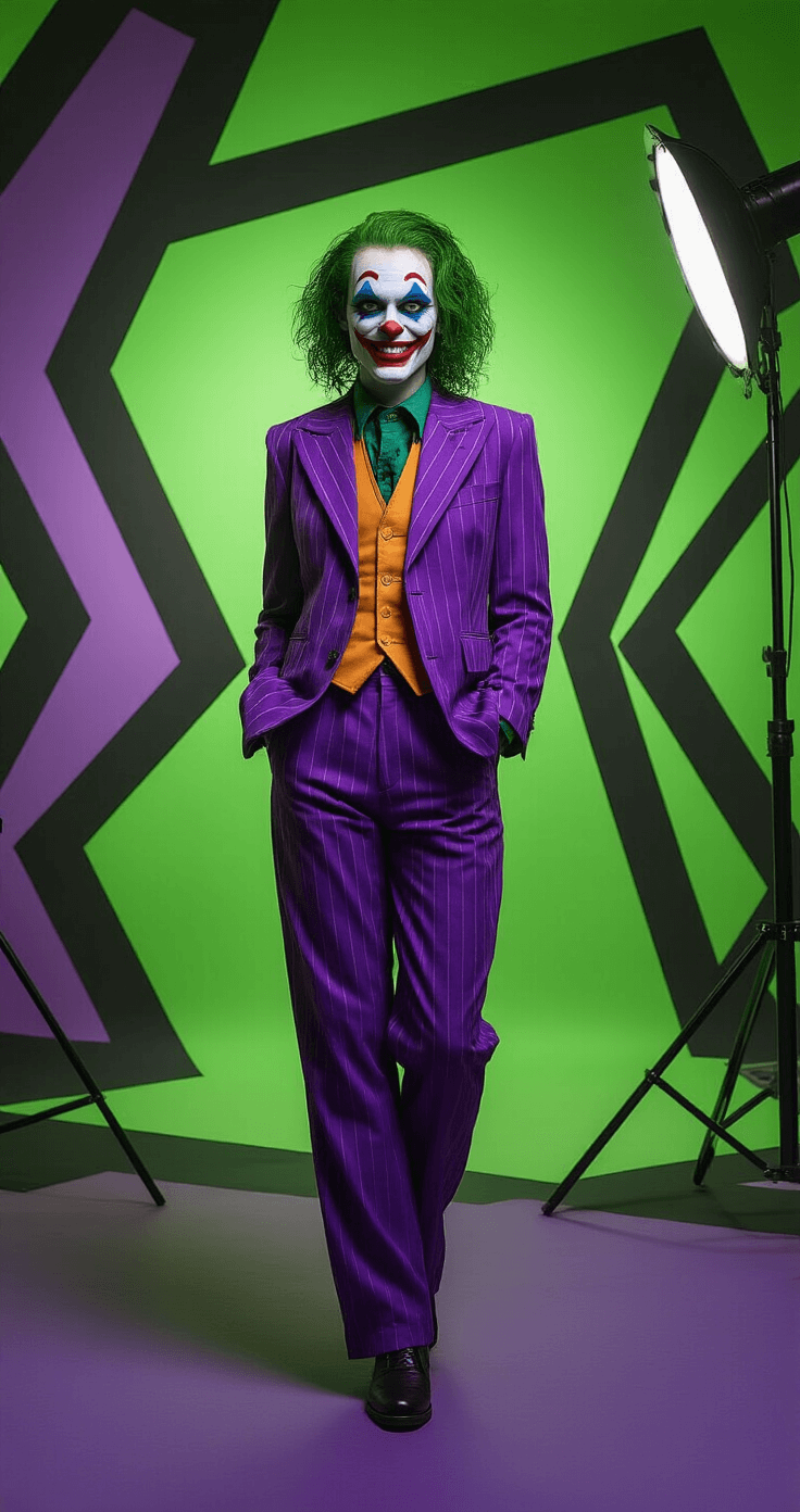 A female cosplayer embodies the Joker in a vibrant purple pinstripe suit, oversized chaotic green wig, and exaggerated theatrical makeup, posed in a surreal studio with abstract geometric backdrops in complementary green and purple tones, illuminated by sharp studio lighting that enhances the comic book aesthetic.