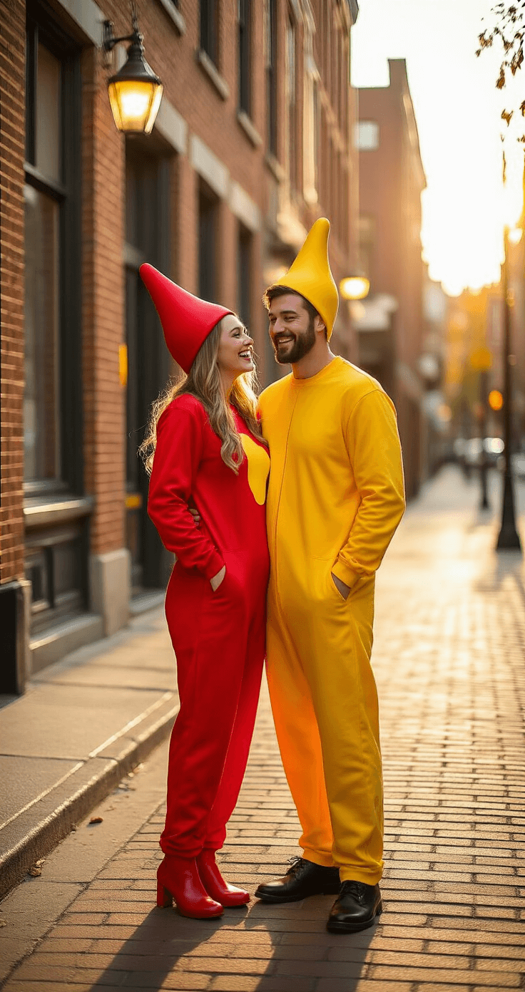 Couples Halloween Costumes That'll Make Everyone Stop and Stare A couple dressed as ketchup and mustard laughs joyfully on a sunny urban sidewalk, showcasing their vibrant red and yellow outfits with condiment-themed accessories, surrounded by charming vintage brick buildings in soft focus.