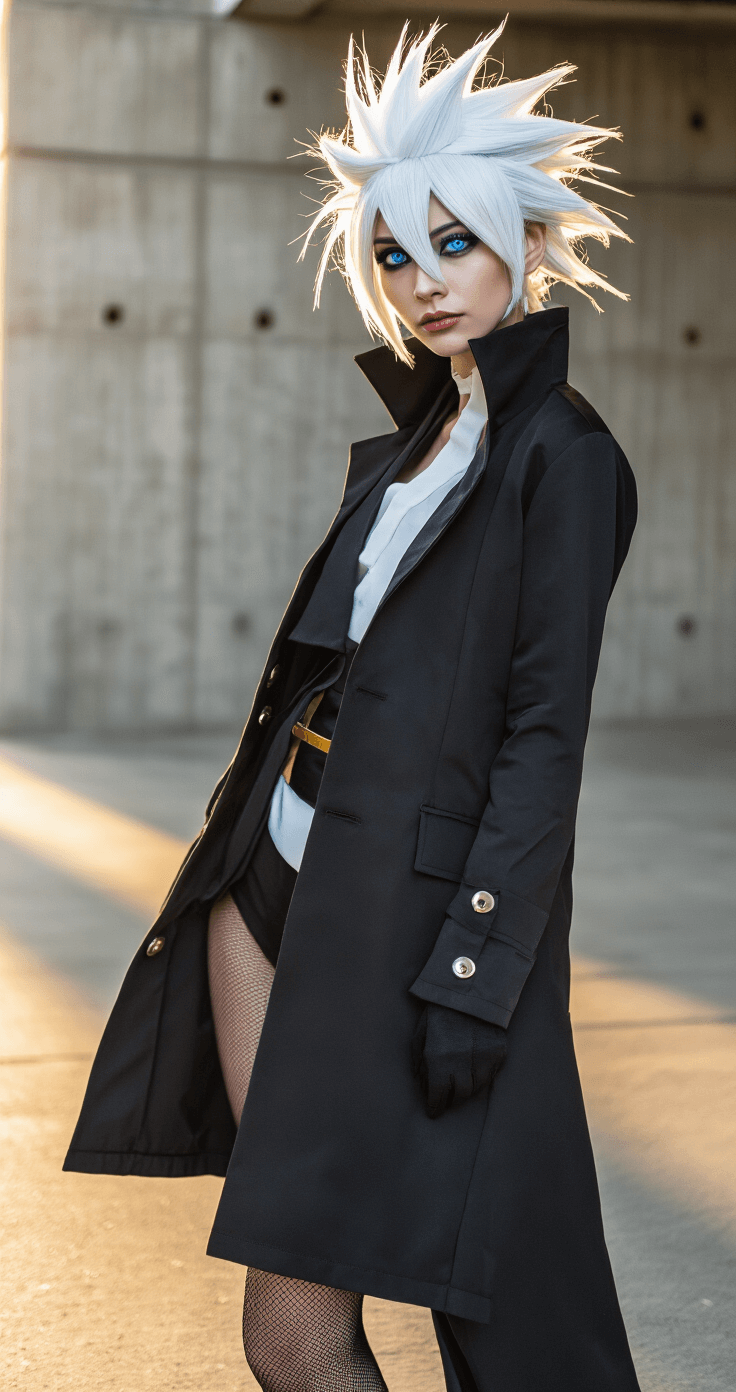 I Finally Figured Out How to Nail JJK Cosplay (And You Can Too) A female cosplayer dressed as Gojo Satoru stands confidently in an urban industrial setting, showcasing a crisp black high-collar jacket and a voluminous white spiked wig, enhanced by piercing blue contact lenses. The soft golden hour lighting and dramatic side lighting highlight the details of her outfit, creating depth and texture.