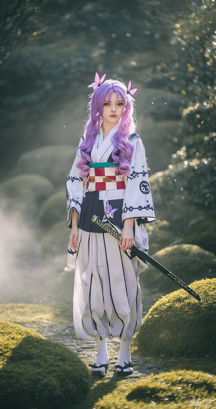 A Shinobu Kocho cosplayer in a detailed Demon Slayer Corps uniform stands in a misty Japanese garden, bathed in soft morning light, with gradient purple-to-pink hair styled in waves and butterfly accessories glinting in the sunlight.
