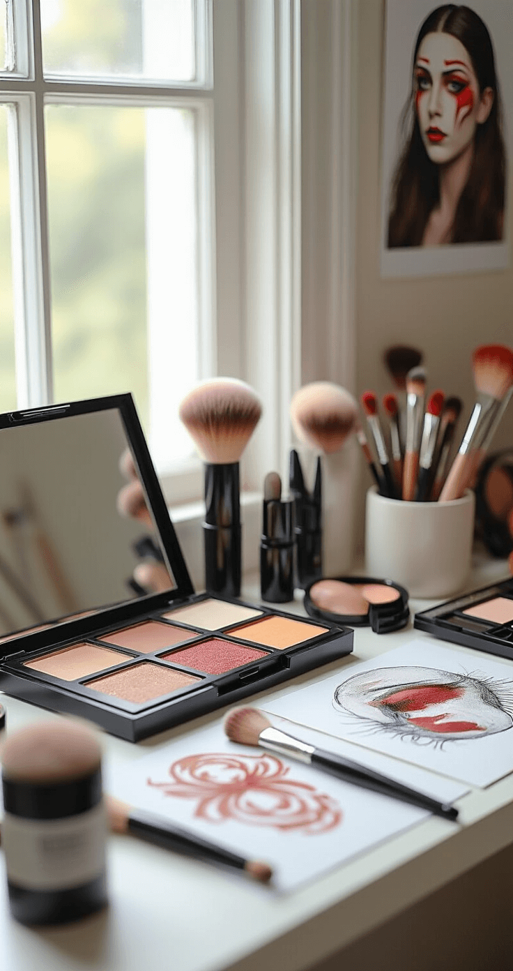 I Finally Figured Out How to Nail JJK Cosplay (And You Can Too) A close-up shot of an organized vanity featuring a cosplay makeup setup inspired by Choso, with soft natural light. It includes cream makeup palettes, precise application tools, and reference images, showcasing intricate red and brown facial markings in progress against a minimalist neutral background. Professional makeup brushes and reference sketches are also visible.