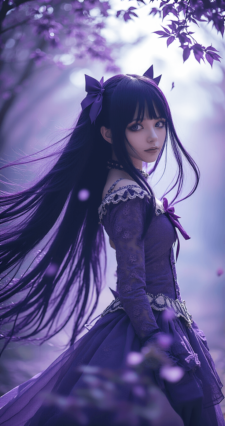 A magical girl, inspired by Homura Akemi from Puella Magi Madoka Magica, is caught in a moment of suspended motion in a surreal twilight setting. She has long dark purple hair flowing dramatically and wears an intricately detailed gothic magical girl costume, accented by soft purple and blue color grading, evoking her time-manipulation powers.