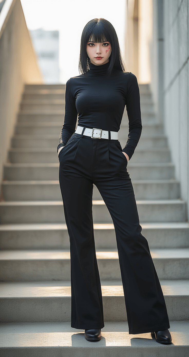I Finally Figured Out How to Nail JJK Cosplay (And You Can Too) Female cosplayer as Maki Zenin, wearing a sleek black turtleneck and high-waisted pants with a white belt, poses dynamically on concrete steps in an urban setting, showcasing detailed burn scar makeup and confident body language in soft afternoon sunlight.