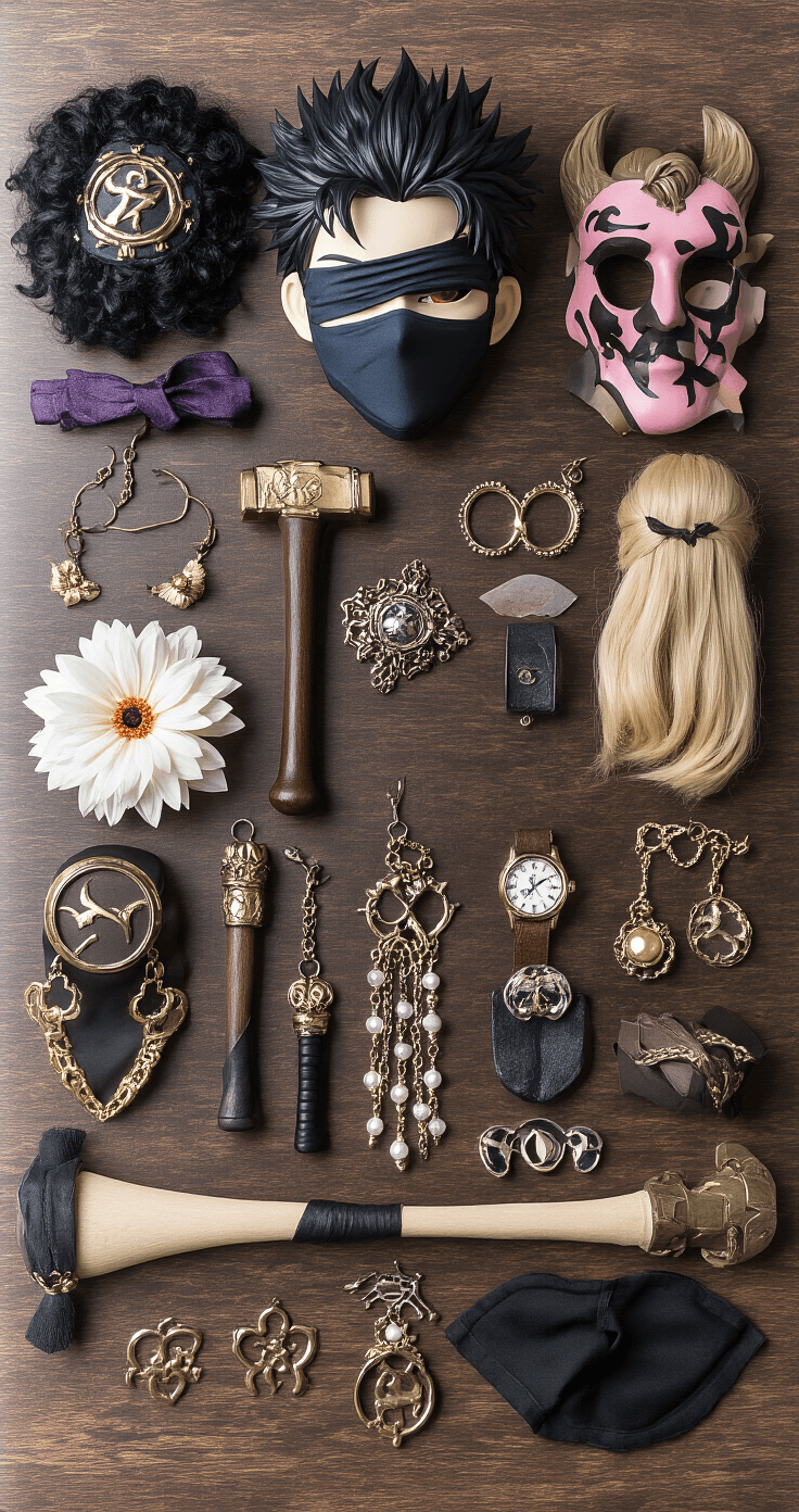I Finally Figured Out How to Nail JJK Cosplay (And You Can Too) A moody, atmospheric scene featuring JJK character accessories and props arranged on a dark wooden surface, including Gojo's blindfold, Nobara's hammer, intricate jewelry, and styled wigs, all illuminated by dramatic side lighting to highlight texture and detail.