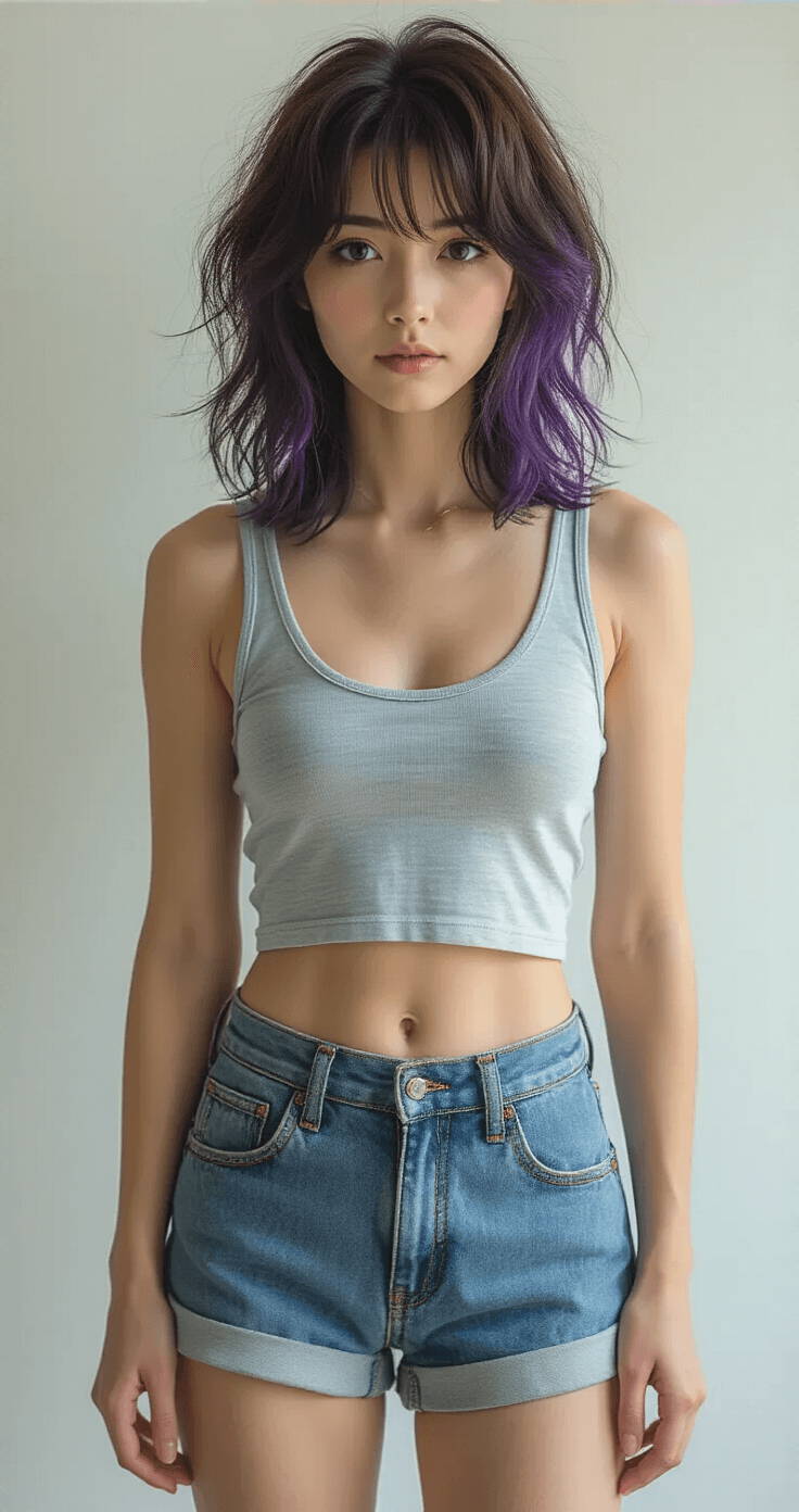 Sophisticated studio portrait of Misato Katsuragi from Neon Genesis Evangelion, wearing a casual tank top and shorts, styled with purple hair in messy waves against a minimalist white background, showcasing her mature personality with confident pose and soft shadows.