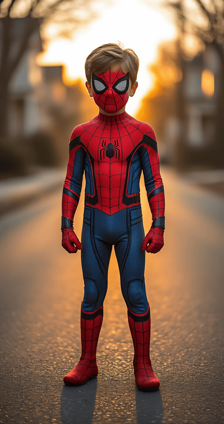 Boy Halloween Costumes That'll Make This Year the Best One Yet A young boy in a detailed Spider-Man costume poses confidently on a residential street during sunset, showcasing intricate web details and authentic muscle padding, with warm sunlight casting dramatic shadows.
