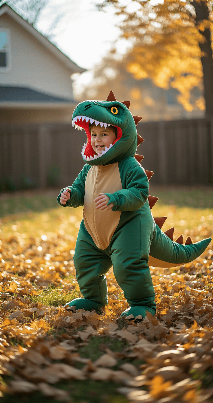 Boy Halloween Costumes That'll Make This Year the Best One Yet A young boy in an inflatable T-Rex dinosaur costume waddles playfully in a suburban backyard adorned with fallen autumn leaves, bathed in soft afternoon light that accentuates the whimsical details of his outfit, captured from a low angle to highlight the humor and scale of the scene.