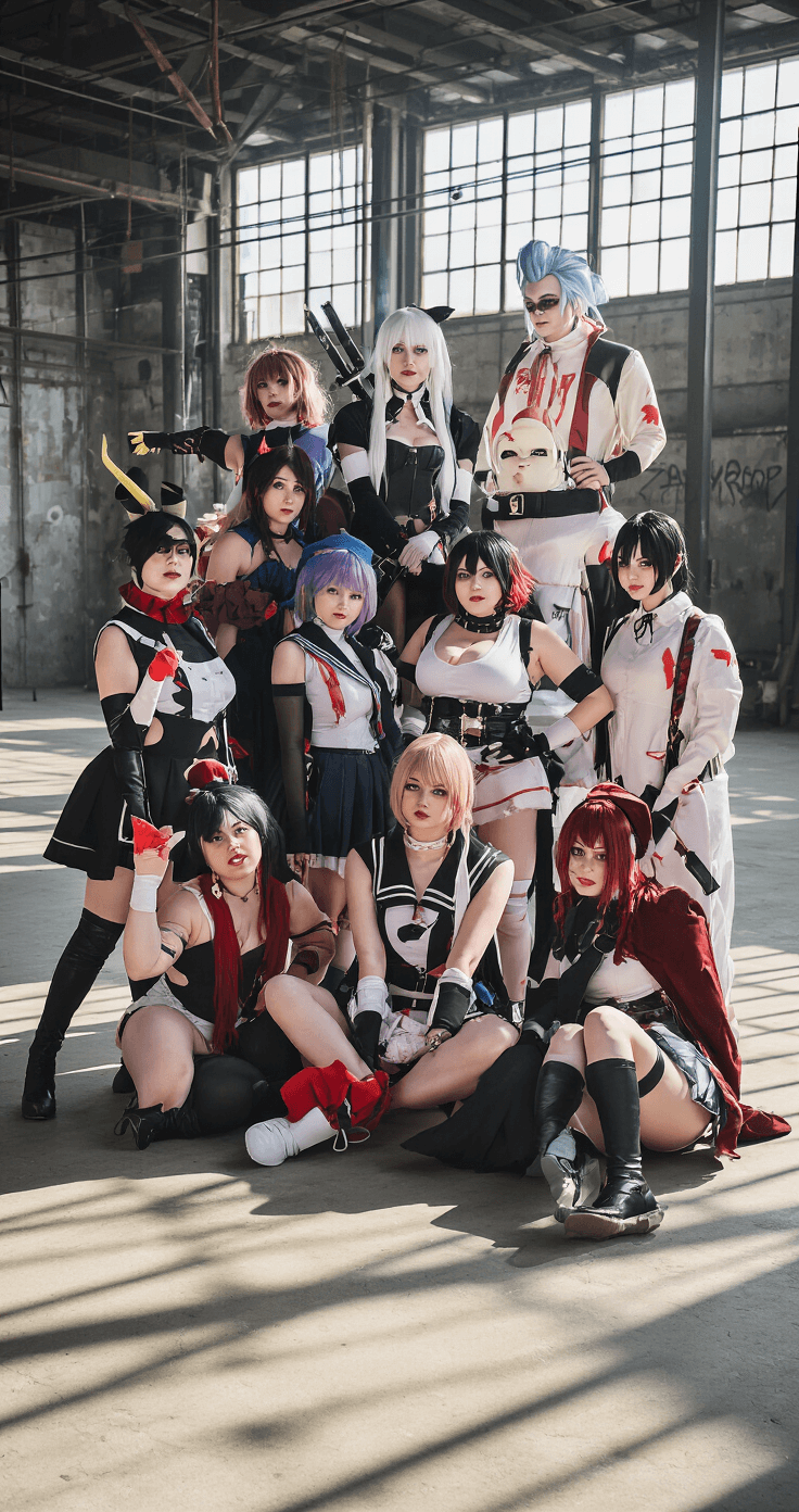 I Finally Figured Out How to Nail JJK Cosplay (And You Can Too) A diverse group of Jujutsu Kaisen characters in creative cosplays poses in an industrial warehouse, featuring large windows that cast dramatic shadows. The scene showcases various body types and unique styling interpretations, embodying community spirit and individual character expressions, enhanced by dynamic cinematographic lighting that highlights the details of their costumes.