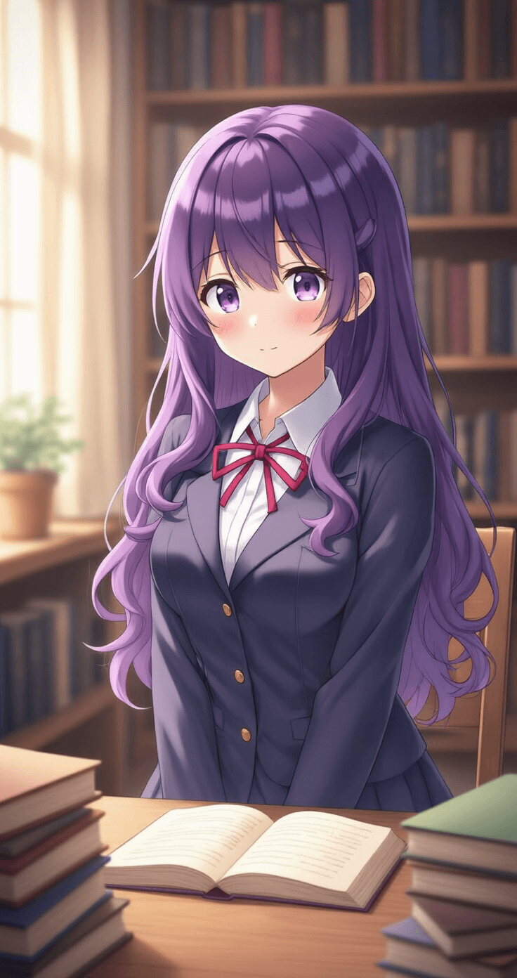 A playful cosplay representation of Yuri from Doki Doki Literature Club in a cozy library, featuring soft ambient lighting, her long purple hair in gentle waves, and a perfectly pressed school uniform while surrounded by neatly arranged books, embodying her shy and introspective nature.