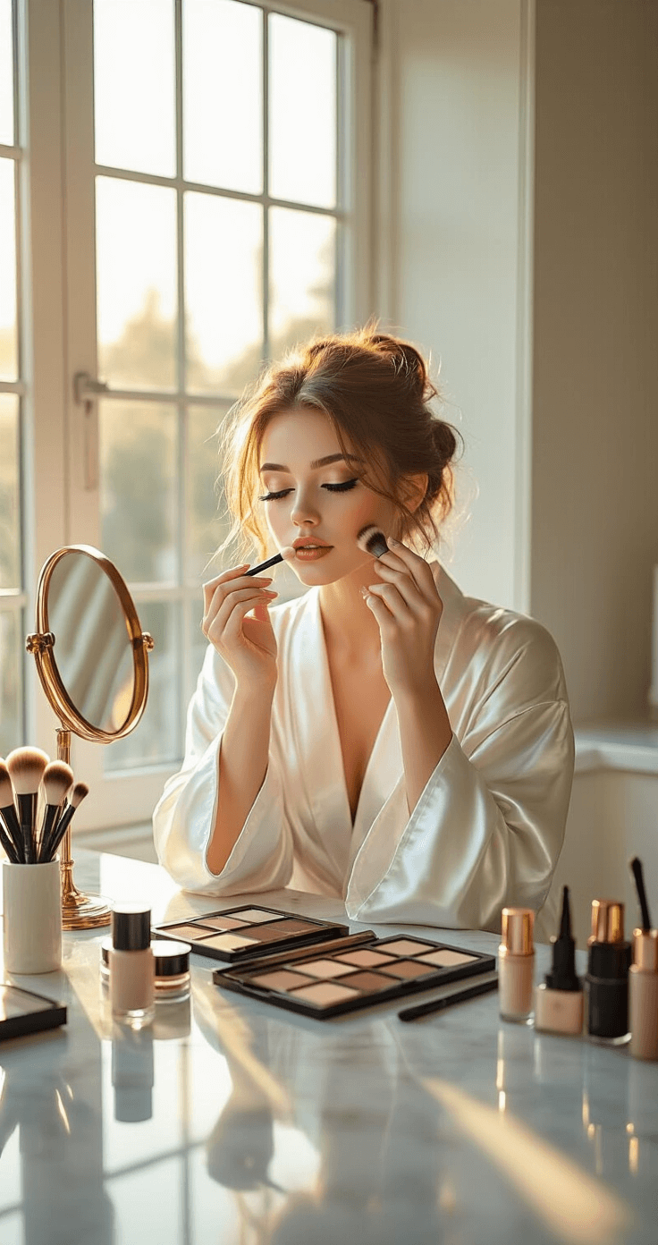 A young cosplayer in a white silk robe applies makeup in a sunlit minimalist bathroom, with elegant marble countertops, professional brushes, and organized cosmetics illuminated by golden hour light.