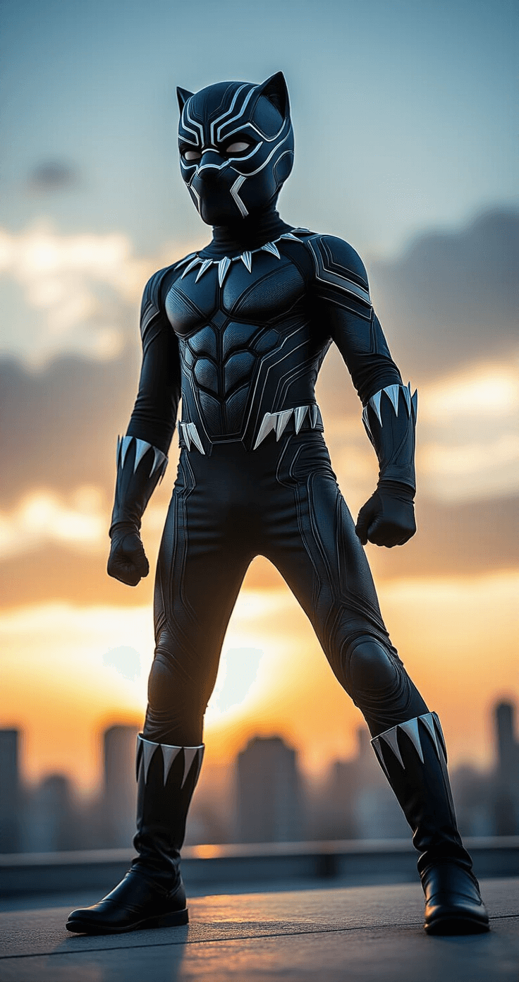 Boy Halloween Costumes That'll Make This Year the Best One Yet A boy in a detailed Black Panther costume stands dramatically on a modern urban rooftop at sunset, showcasing a sleek black superhero suit with muscle padding and vibranium-like textures, against a dramatic skyline, illuminated by cinematic lighting that highlights the metallic sheen of the costume.