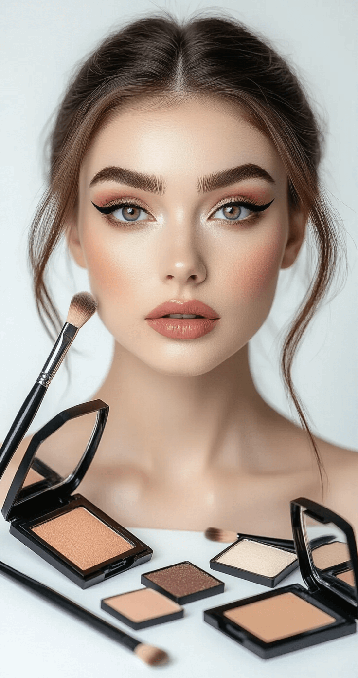 A close-up of a model during a cosplay makeup transformation, showcasing the eyebrow sculpting process with professional brushes and tools, set against a minimalist white background and soft diffused lighting.