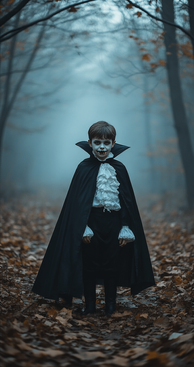 Boy Halloween Costumes That'll Make This Year the Best One Yet A boy dressed as a classic vampire in a black cape and white ruffled shirt stands in a misty autumn forest at twilight, with plastic fangs. The soft blue-gray lighting enhances the ethereal mood, while fallen leaves and bare tree branches add to the nostalgic Halloween atmosphere.