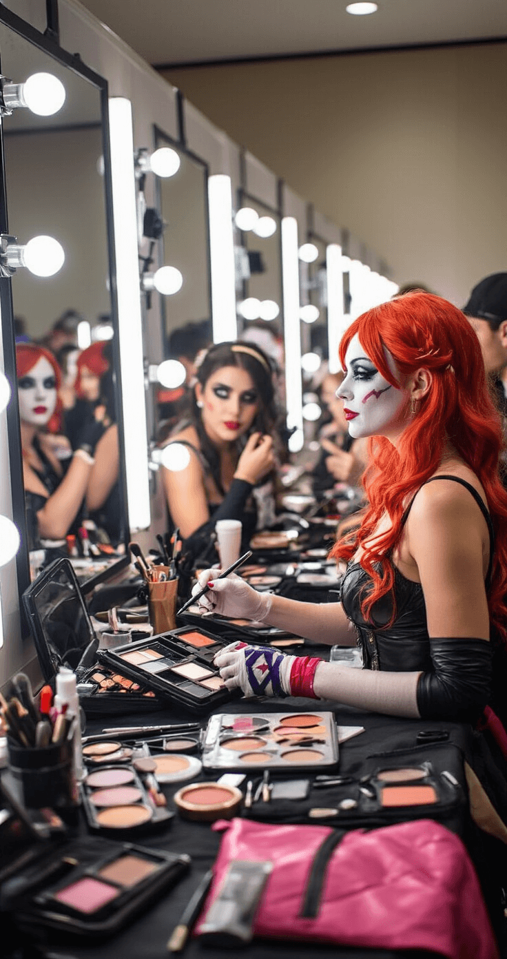 A vibrant backstage scene at a convention green room, showcasing multiple cosplayers applying makeup in front of bright mirrors, surrounded by open makeup bags and organized tools, radiating a collaborative and energetic atmosphere filled with creative anticipation.