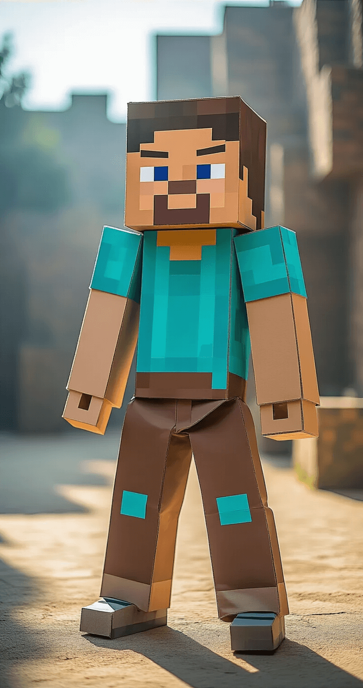 A boy dressed in a Minecraft Steve costume stands in a colorful pixelated blocky environment, surrounded by sharp geometric shapes and soft natural daylight, showcasing the playful DIY spirit of video game-inspired Halloween costumes.