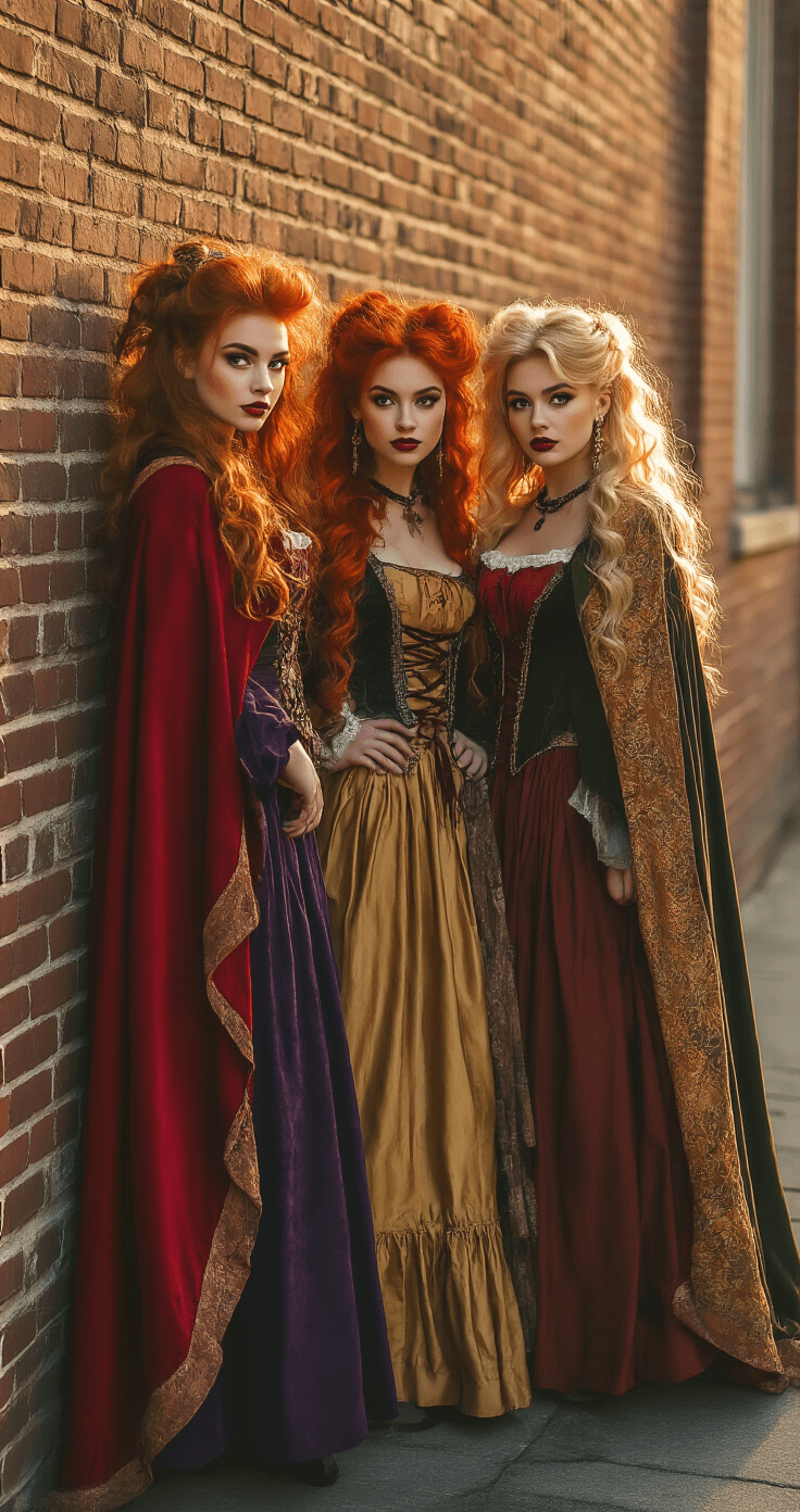 Iconic Trio Halloween Costumes That'll Make You the Talk of Every Party Three young women styled as the Sanderson Sisters from Hocus Pocus, wearing vintage witchy costumes with colorful capes and dramatic period hairstyles, pose dramatically against a historic brick wall in a golden hour urban street scene, illuminated by soft evening sunlight that casts striking shadows.