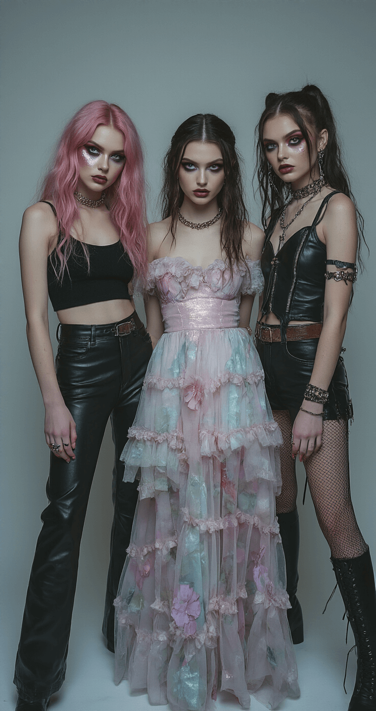 Iconic Trio Halloween Costumes That'll Make You the Talk of Every Party Three young women styled as Euphoria characters: one in a confident crop top and leather pants, another in a romantic pastel dress, and the third in an edgy leather ensemble. They are illuminated by soft studio lighting, showcasing bold, glittery makeup and eye-catching accessories in a visually striking scene.